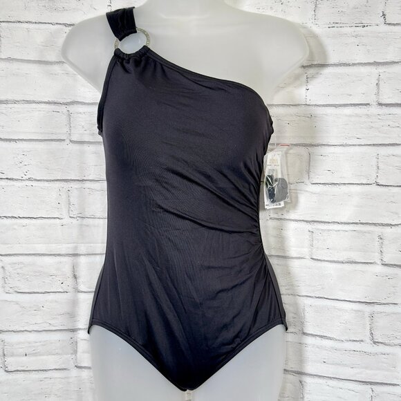 Michael Kors Embellished One-Shoulder Underwire One-Piece Swimsuit Black Size 12 - Picture 5 of 11
